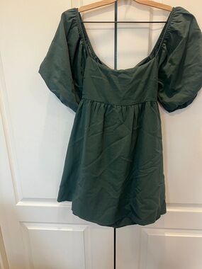 Dark Green Puff Sleeve Mini Dress